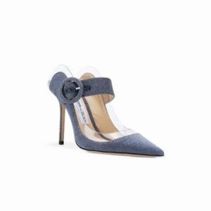 Jimmy Choo Hendrix 85 closed toe mule stone blue/clear fine glitter leather sz37